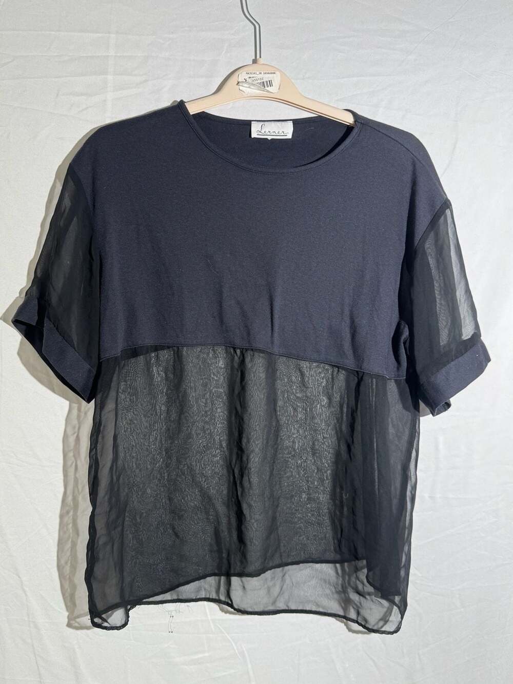 Lerner Black Sheer Mesh Hem Short Sleeve Top Womens Crew Neck⁠